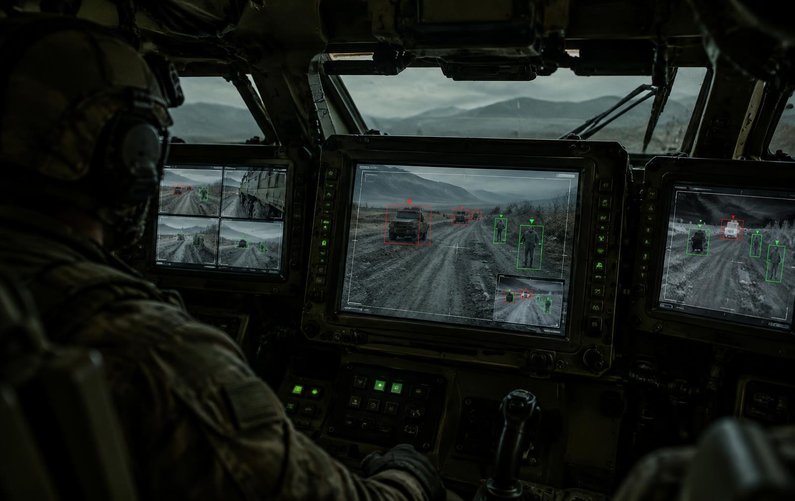 Crew displays showing camera feeds with AI detections